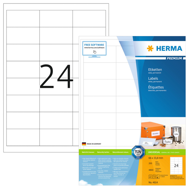 Etiket HERMA 4614 66x33.8mm premium wit 4800 stuks