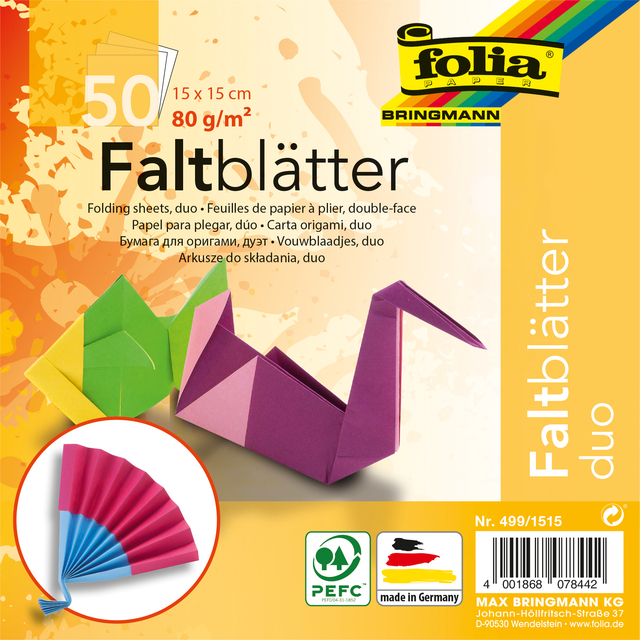 Vouwblaadjes Folia 80gr 15x15cm 50 vel 2-zijdig 10 duo kleuren Vouwblaadjes Folia 80gr 15x15cm 50 vel 2-zijdig 10 duo kleuren