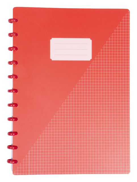 notitieboek, spiraleband, rode kaft, grid patroon, toegangsvenster label