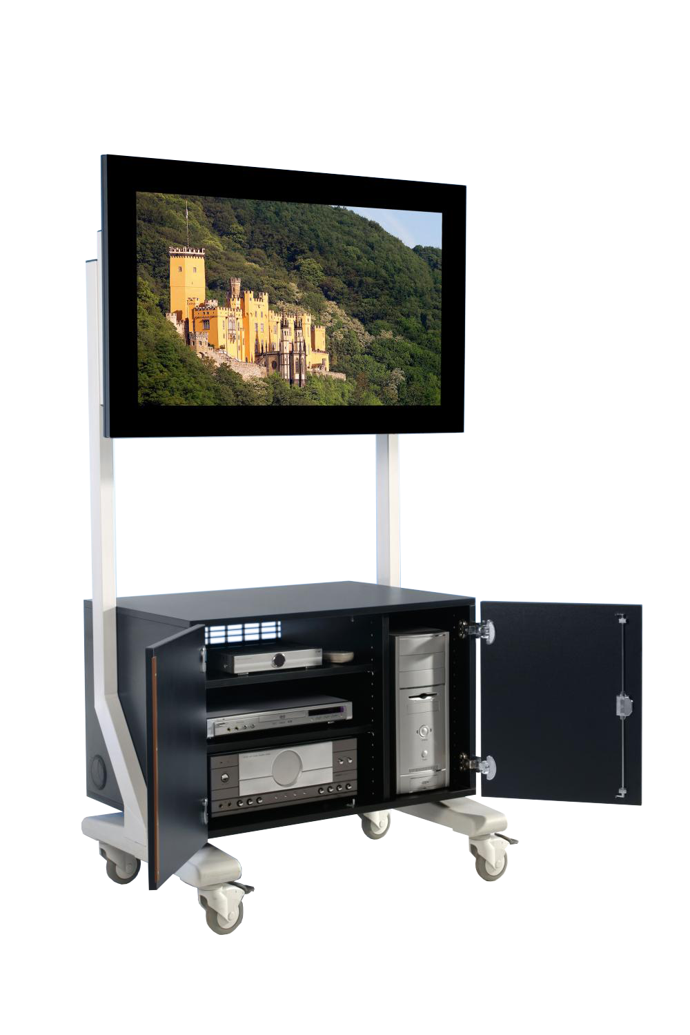 Tv-trolley, tv-rek voor tv' s tot 70 inch met grote onderkast, houten deuren Tv-trolley, tv-rek voor tv' s tot 70 inch met grote onderkast, houten deuren