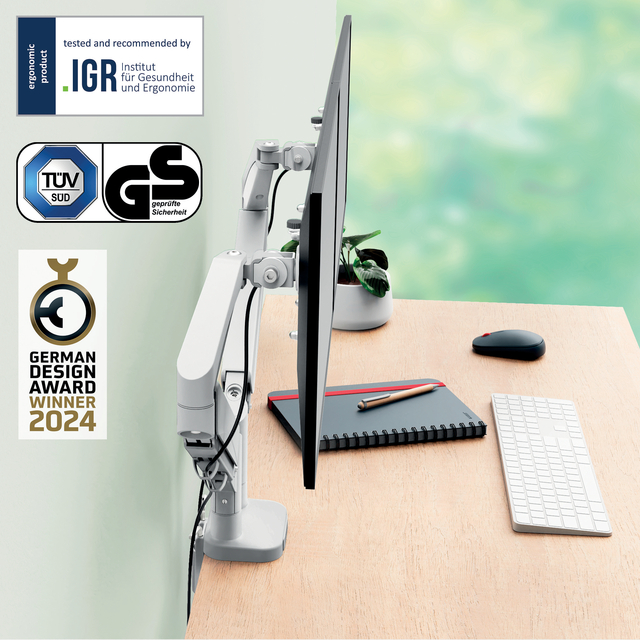 monitor, desk, arm, computer, stickers