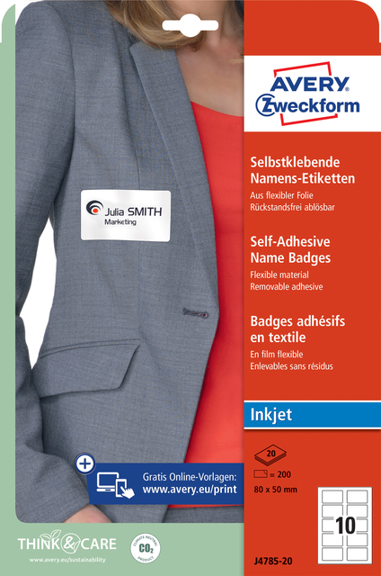 Naambadge etiket Avery Zweckform J4785-20 80x50mm wit 200 etiketten
