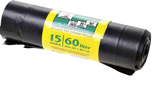 Vuilniszak Komo 60 liter met trekband zwart rol à 15 stuks Vuilniszak Komo 60 liter met trekband zwart rol à 15 stuks