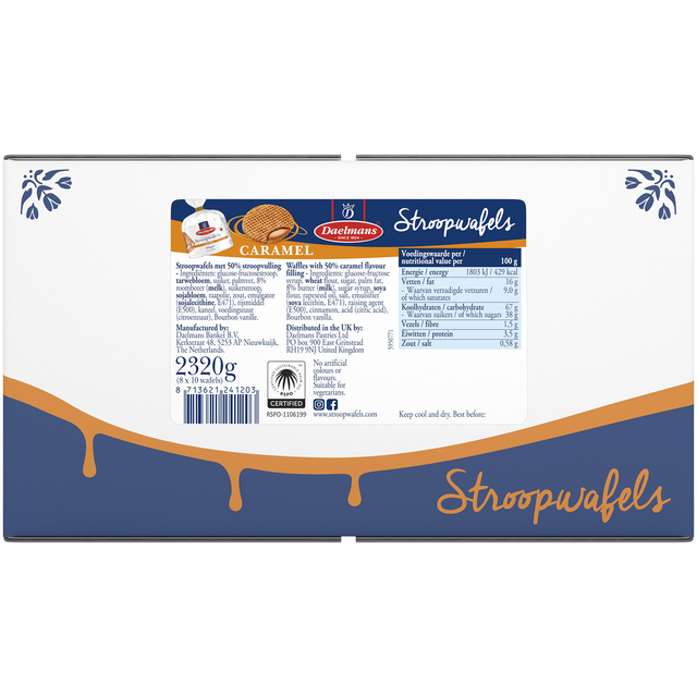 stroopwafels, karamel, wafel, verpakking, oranje-blauw ontwerp