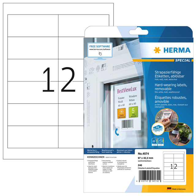 Etiket HERMA 4574 97X42.3mm folie wit 240 etiketten Etiket HERMA 4574 97X42.3mm folie wit 240 etiketten