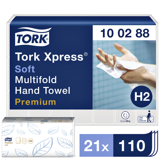 Handdoek Tork H2 Xpress Premium multifold 2-laags 212x340mm 21x110 vel wit 100288 Handdoek Tork H2 Xpress Premium multifold 2-laags 212x340mm 21x110 vel wit 100288
