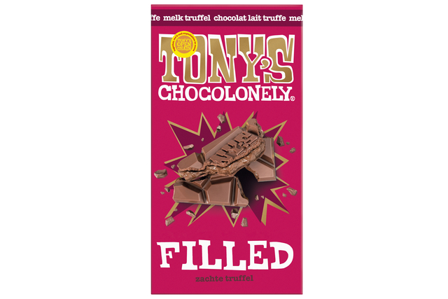 melkchocolade, gevulde chocoladereep, truffelvulling, roze verpakking, Tony’s Chocolonely