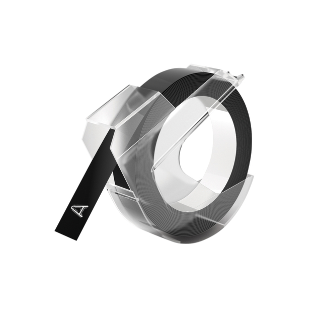 Reliëftape Dymo embossing plastic 9mm wit op zwart Reliëftape Dymo embossing plastic 9mm wit op zwart