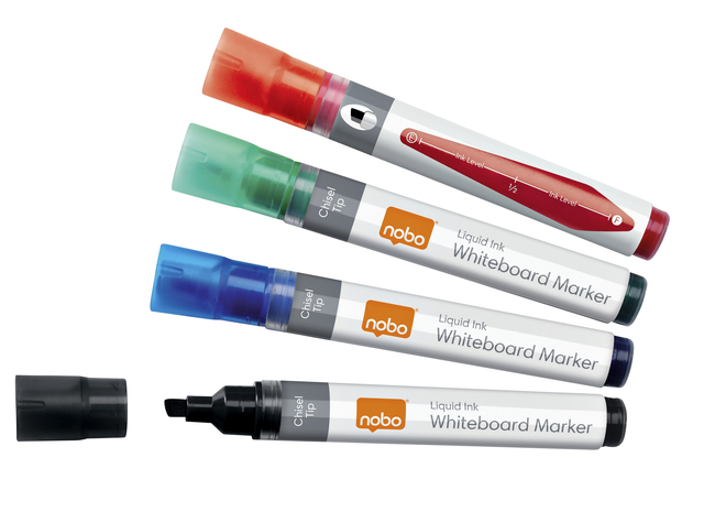 Whiteboardmarker Nobo Liquid ink schuin assorti 4mm 4st Whiteboardmarker Nobo Liquid ink schuin assorti 4mm 4st