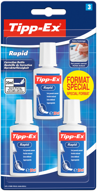 Correctievloeistof Tipp-ex Rapid 20ml blister à 3 stuks Correctievloeistof Tipp-ex Rapid 20ml blister à 3 stuks