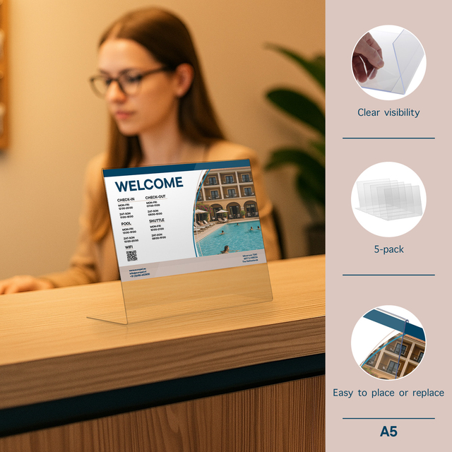 reception desk, hotel front, signage, visitor badge, A5 stand