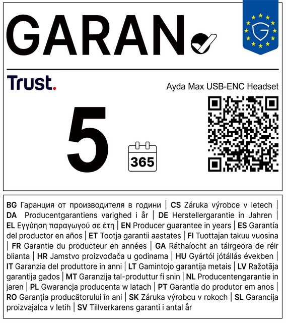USB-headset, Ayda Max-headset, 5 jaar garantie, garantielabel