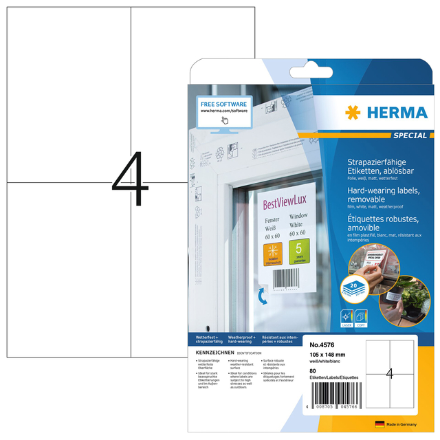 Etiket HERMA 4576 105x148mm folie wit 80 etiketten Etiket HERMA 4576 105x148mm folie wit 80 etiketten