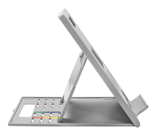 tablet stand, adjustable stand, folding stand, metal frame, slots for card reader