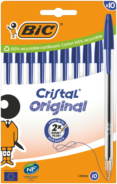Balpen Bic Cristal medium blauw blister à 10 stuks Balpen Bic Cristal medium blauw blister à 10 stuks