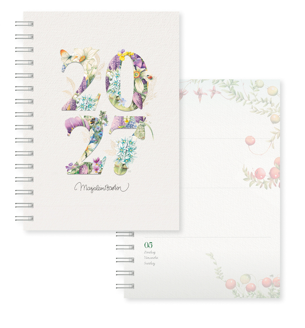 kalender, notitieboek, spiralebinding, jaarkalender, bloemrijke cijfers