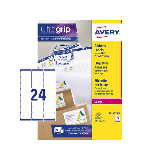 Etiket Avery L7159-250 63.5x33.9mm wit 6000stuks