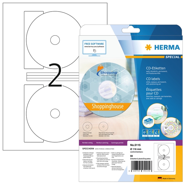 Etiket HERMA 5115 CD 116mm wit 50 stuks Etiket HERMA 5115 CD 116mm wit 50 stuks