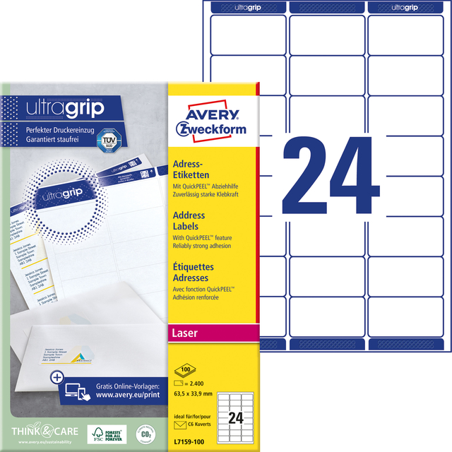 Etiket Avery L7159-100 63.5x33.9mm wit 2400stuks