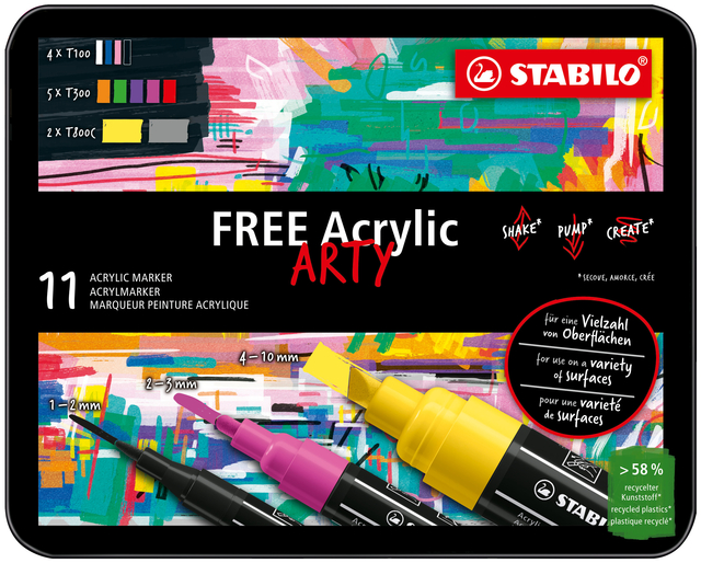 Acrylmarker STABILO  Free Acrylic Starter Kit assorti 11 stuks Acrylmarker STABILO  Free Acrylic Starter Kit assorti 11 stuks