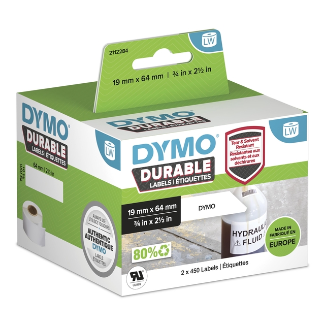 Etiket Dymo LabelWriter industrieel 19x64mm 2 rollen á 450 stuks wit Etiket Dymo LabelWriter industrieel 19x64mm 2 rollen á 450 stuks wit