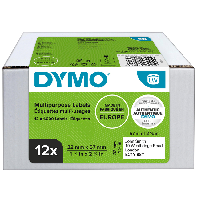 Etiket Dymo LabelWriter multifunctioneel 32x57mm 12 rollen á 1000 stuks wit Etiket Dymo LabelWriter multifunctioneel 32x57mm 12 rollen á 1000 stuks wit