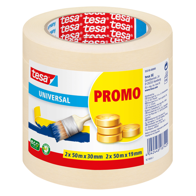 Afplaktape tesa® Economy 2x 50mx30mm, 2x 50mx19mm promopack Afplaktape tesa® Economy 2x 50mx30mm, 2x 50mx19mm promopack