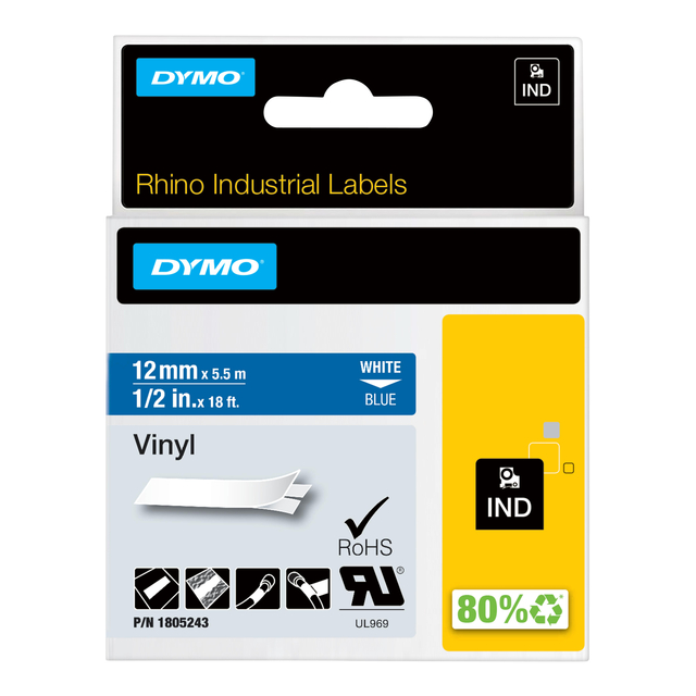 Labeltape Dymo Rhino industrieel vinyl 12mm wit op blauw Labeltape Dymo Rhino industrieel vinyl 12mm wit op blauw