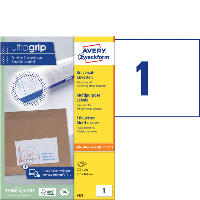 Etiket Avery Zweckform 6135 210x148mm wit 200stuks