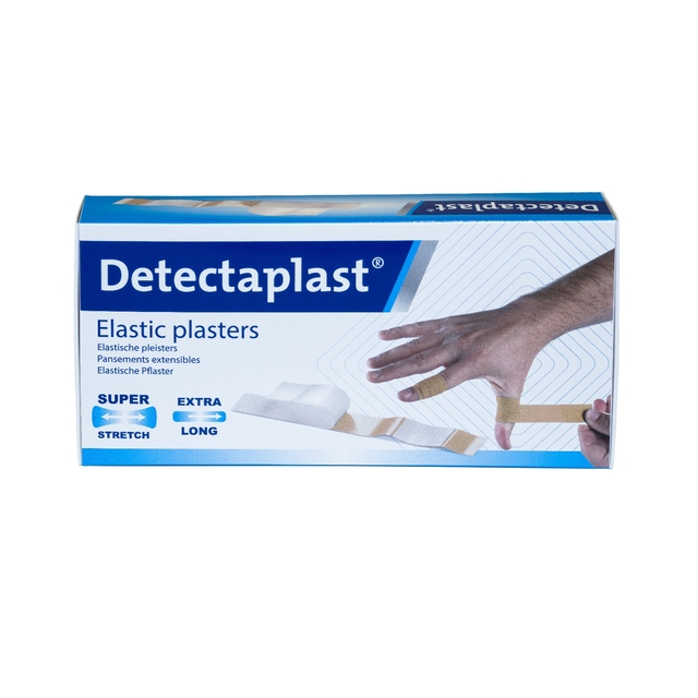 elastische pleisters, textielpleisters, extra lang, super rekbaar, blauw-witte verpakking