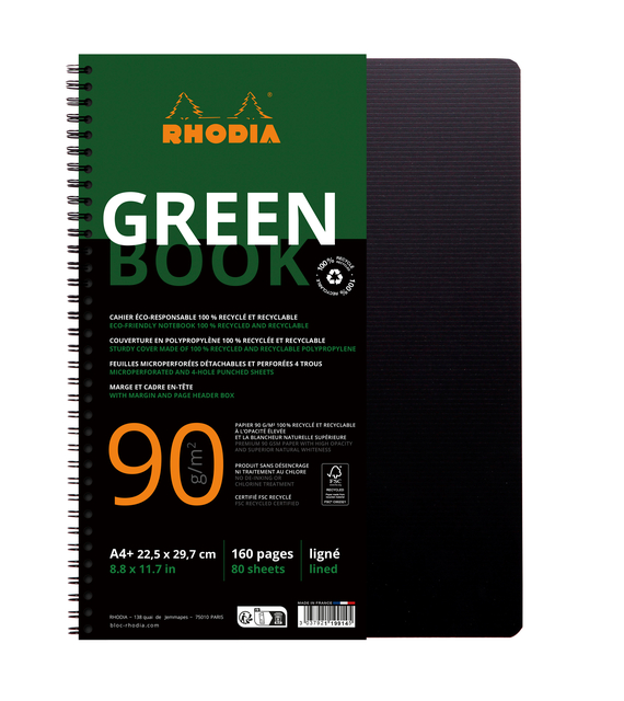 Notitieboek Rhodia Greenbook A4+ lijn 4-gaats 180 pagina's 90gr zwart Notitieboek Rhodia Greenbook A4+ lijn 4-gaats 180 pagina's 90gr zwart