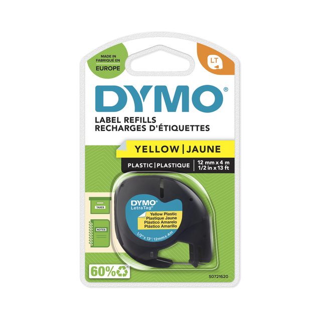 Labeltape Dymo LetraTag plastic 12mm zwart op geel Labeltape Dymo LetraTag plastic 12mm zwart op geel