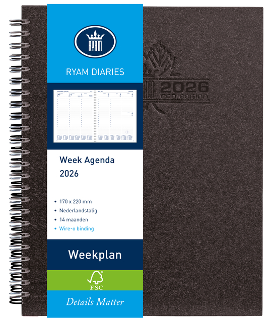 Agenda 2026 Ryam Weekplan Wire-o 7dagen/2pagina's zwart Agenda 2026 Ryam Weekplan Wire-o 7dagen/2pagina's zwart
