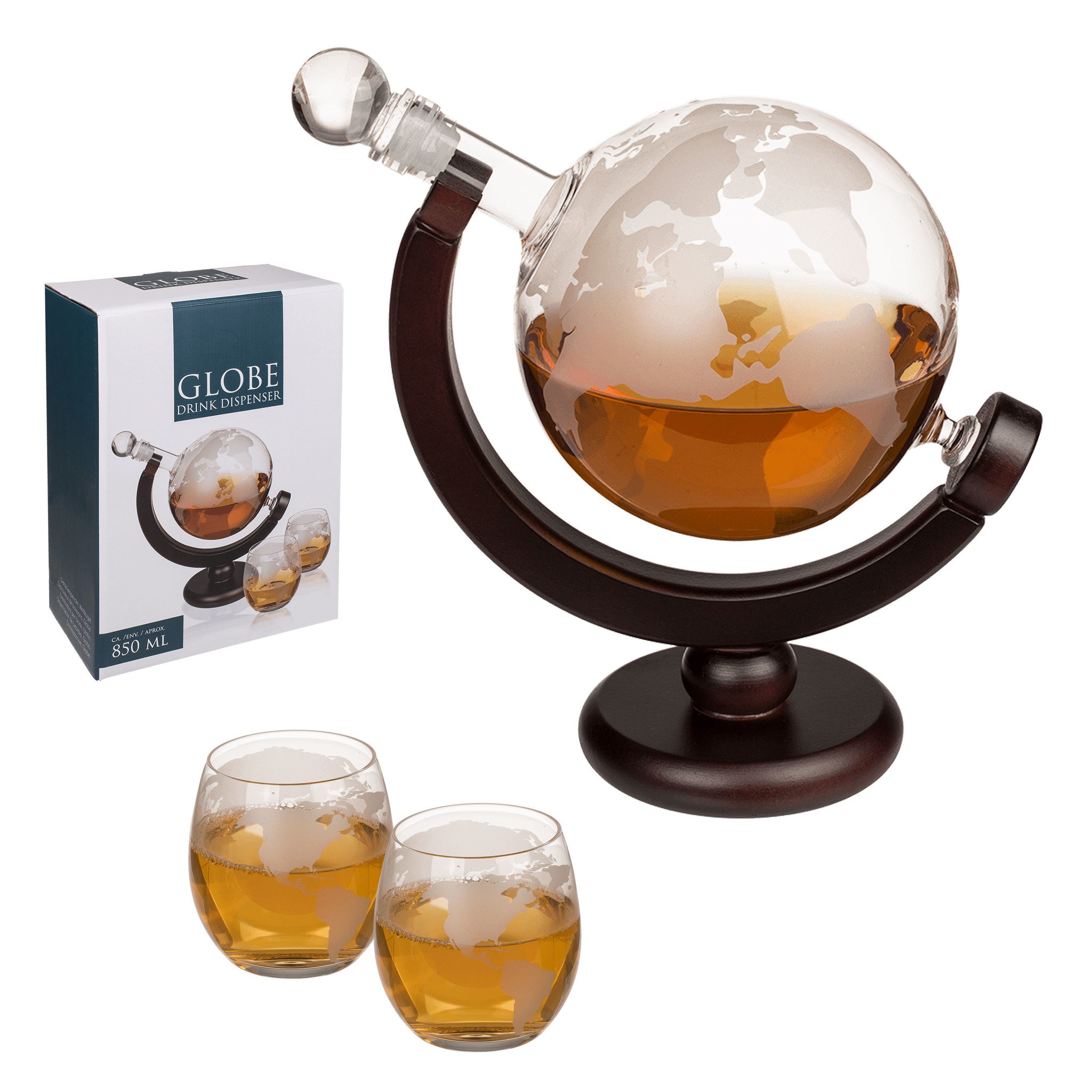 Whiskey Decanter Set - Wereldbol - 850ml - Inclusief 2 glazen Whiskey Decanter Set - Wereldbol - 850ml - Inclusief 2 glazen