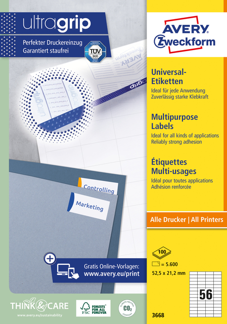Etiket Avery Zweckform 3668 52.5x21.2mm wit 5600stuks