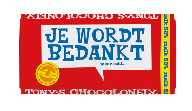 Chocolade Tony's Chocolonely melk bedankt reep 180gr Chocolade Tony's Chocolonely melk bedankt reep 180gr