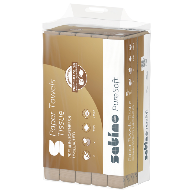 Handdoek Satino PT3 PureSoft v-vouw 2-laags 240x230mm 20x200 vel naturel 277540 Handdoek Satino PT3 PureSoft v-vouw 2-laags 240x230mm 20x200 vel naturel 277540