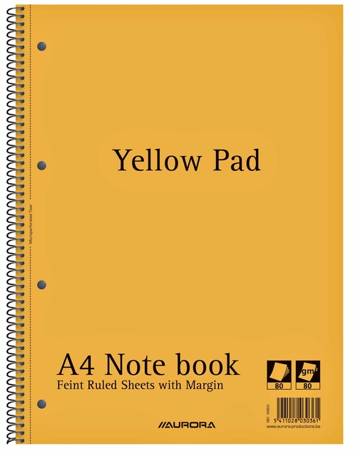 Collegeblok Aurora Yellow Pad A4 lijn 4-gaats 160 pagina's 80gr geel Collegeblok Aurora Yellow Pad A4 lijn 4-gaats 160 pagina's 80gr geel