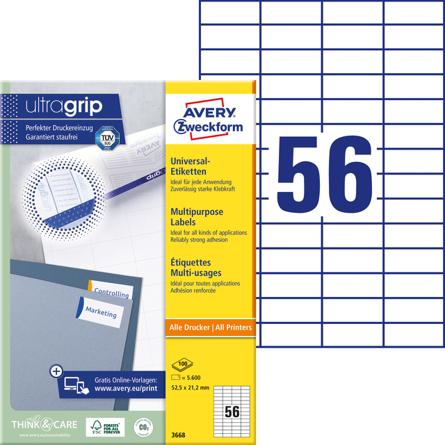 Etiket Avery Zweckform 3668 52.5x21.2mm wit 5600stuks