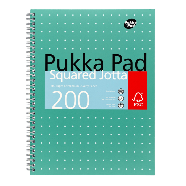 Collegeblok Pukka Pad Jotta A4 ruit 5x5mm 4-gaats 200 pagina's 80gr groen Collegeblok Pukka Pad Jotta A4 ruit 5x5mm 4-gaats 200 pagina's 80gr groen