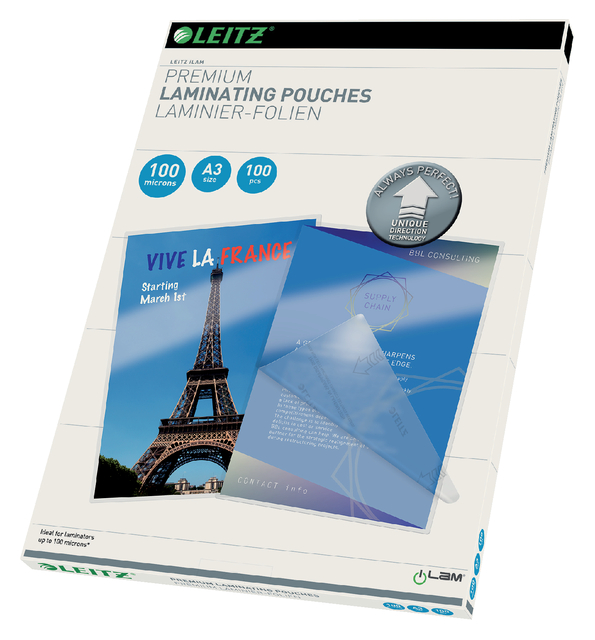 Lamineerhoes Leitz iLAM A3 2x100micron 100 stuks Lamineerhoes Leitz iLAM A3 2x100micron 100 stuks