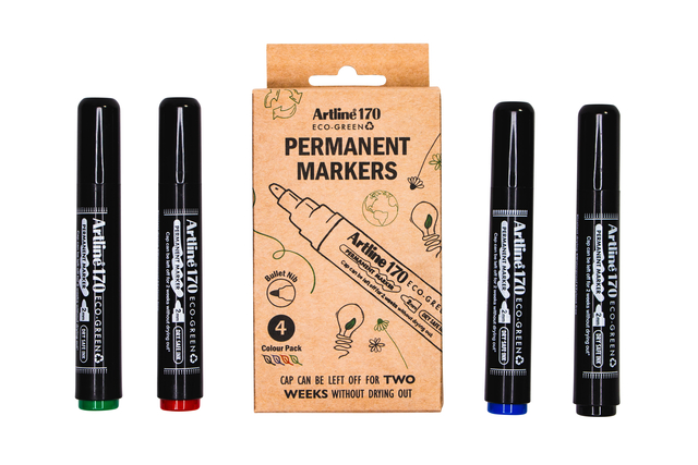 Permanent marker Artline 170 Dry Safe Eco rond medium ass 4 stuks Permanent marker Artline 170 Dry Safe Eco rond medium ass 4 stuks