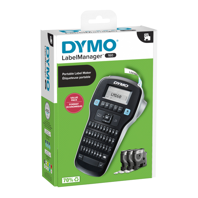 Labelprinter Dymo LabelManager 160 draagbaar qwerty 12mm zwart valuepack Labelprinter Dymo LabelManager 160 draagbaar qwerty 12mm zwart valuepack