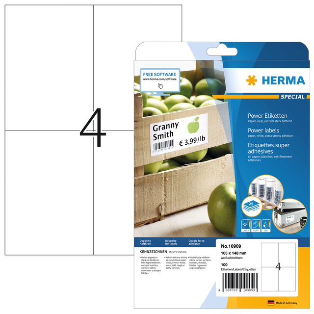 Etiket HERMA Power 10909 105x148mm wit 100stuks Etiket HERMA Power 10909 105x148mm wit 100stuks