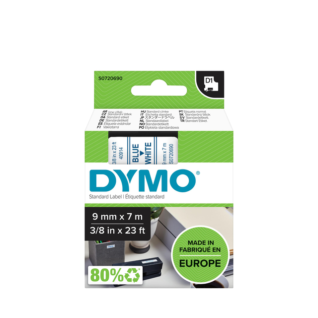 Labeltape Dymo LabelManager D1 polyester 9mm blauw op wit Labeltape Dymo LabelManager D1 polyester 9mm blauw op wit