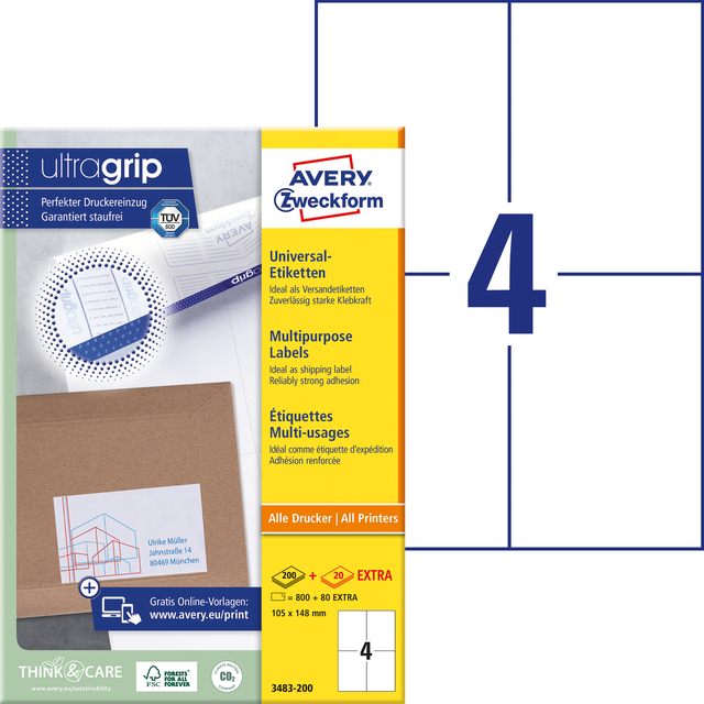 Etiket Avery Zweckform 3483-200 105x148mm A6 wit 800stuks