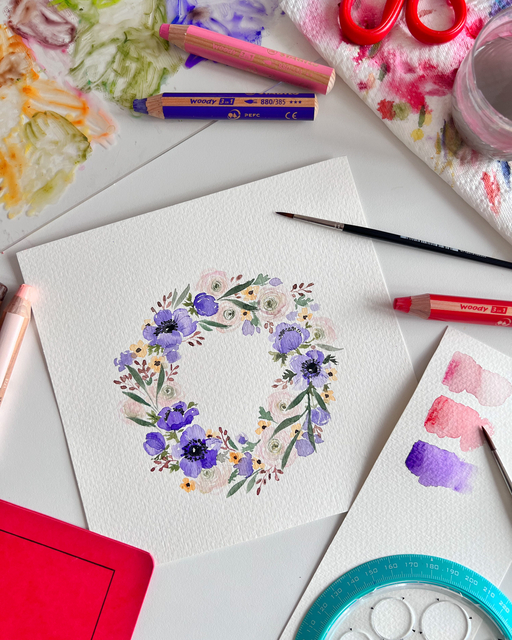 watercolor, flowers, wreath, artwork, stationery