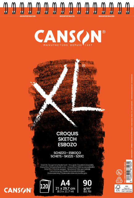 Schetsblok Canson XL Croquuis A4 90gr spiraal 120 vel