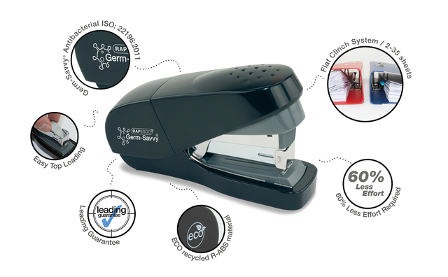 Nietmachine Rapesco Germ-Savvy Less Effort Eco antibacterieel zwart