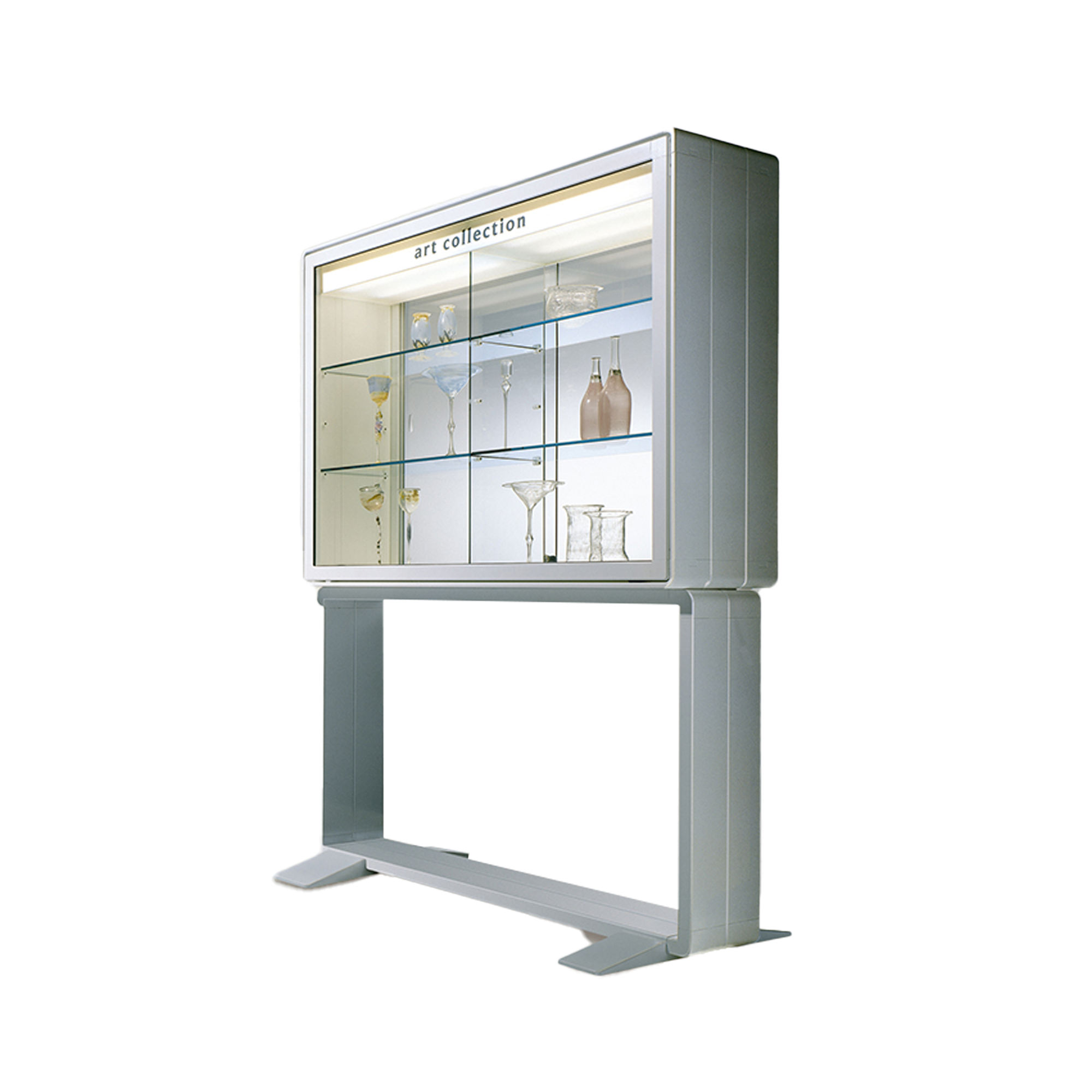 Vitrinekast met schuifdeuren, vrijstaand met voet, afsluitbaar - afmetingen en achterwand te kiezen